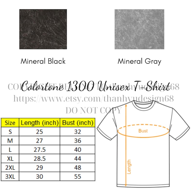 May include: Image of a white t-shirt with size and measurement details. The shirt is labeled "Colortone 1300 Unisex T-Shirt". The image also shows fabric swatches in "Mineral Black" and "Mineral Gray". Measurements are in inches.