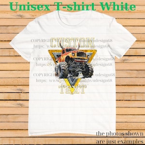 May include: White unisex t-shirt featuring a colorful monster truck design. The graphic includes a yellow triangle with the word "CUSTOM" and "TEXT". The shirt also has text that says "Unisex T-shirt White".