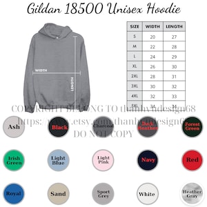 K&ouml;nnte beinhalten: Ein grauer Gildan 18500 Unisex-Hoodie mit Gr&ouml;&szlig;entabelle und Farboptionen. Der Hoodie hat eine Kapuze und eine Vordertasche. Farboptionen sind Ash, Black, Charcoal, Dark Heather, Forest Green, Irish Green, Light Blue, Light Pink, Navy, Red, Royal, Sand, Sport Grey, White und Heather Gray.
