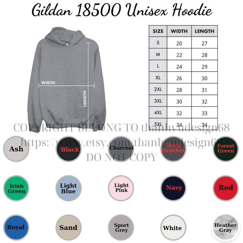 K&ouml;nnte beinhalten: Ein grauer Gildan 18500 Unisex-Hoodie mit Gr&ouml;&szlig;entabelle und Farboptionen. Der Hoodie hat eine Kapuze und eine Vordertasche. Farboptionen sind Ash, Black, Charcoal, Dark Heather, Forest Green, Irish Green, Light Blue, Light Pink, Navy, Red, Royal, Sand, Sport Grey, White und Heather Gray.