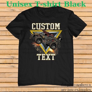 May include: Black unisex t-shirt featuring a monster truck design within a yellow triangle. The design includes the words "CUSTOM" and "TEXT" in a bold font. The shirt is a classic crew neck style.