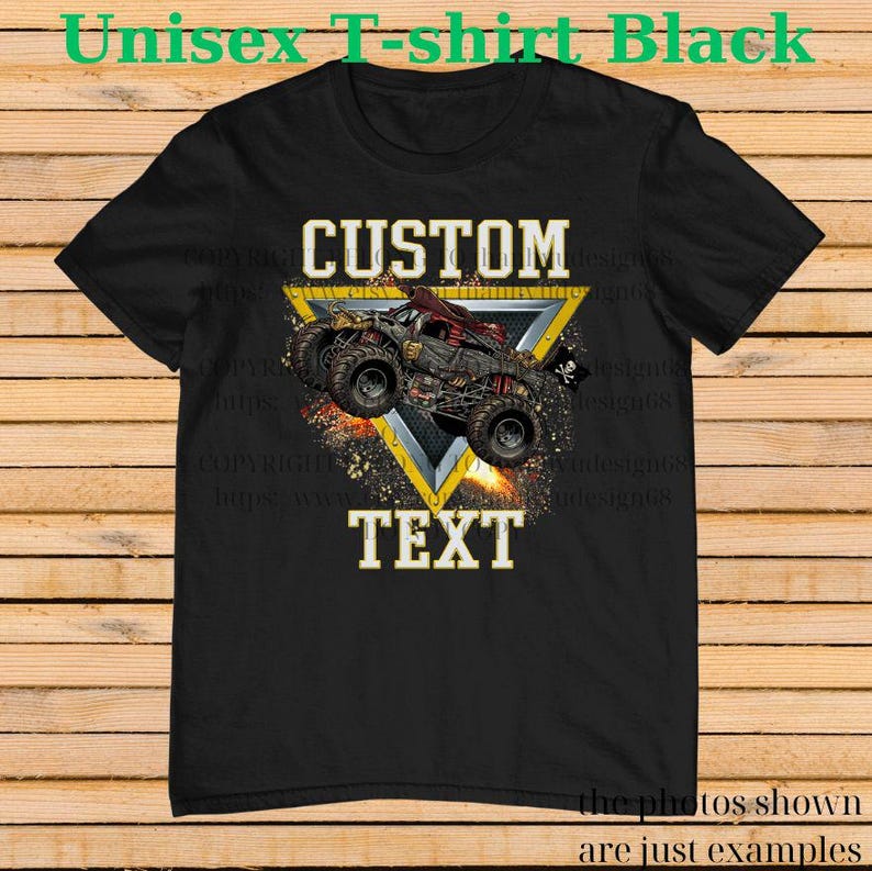 May include: Black unisex t-shirt featuring a monster truck design within a yellow triangle. The design includes the words "CUSTOM" and "TEXT" in a bold font. The shirt is a classic crew neck style.