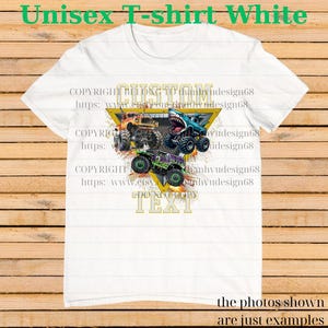 May include: White unisex t-shirt featuring a graphic of three monster trucks in orange, blue, and green, set against a yellow triangle. The shirt has the text "CUSTOM TEXT" and "Unisex T-shirt White" in green.