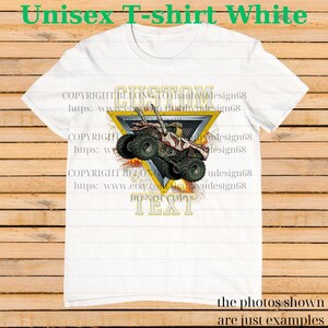 May include: White unisex t-shirt featuring a monster truck design within a yellow triangle. The shirt includes the text "CUSTOM TEXT" and "Unisex T-shirt White". The bottom of the shirt has the text "the photos shown are just examples".