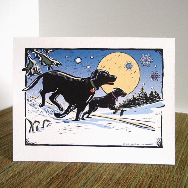 Black Labs in Snow Greeting Card with Original Illustration