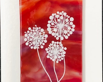 Dandelion sunset, Fused Glass Wall Art, Red Flower Glass