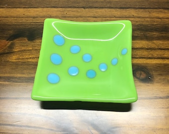 Bright green and turquoise fused glass dish