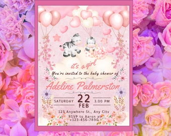 Baby Zebra Girl's Baby Shower Invitation: Pink Balloons and Flowers