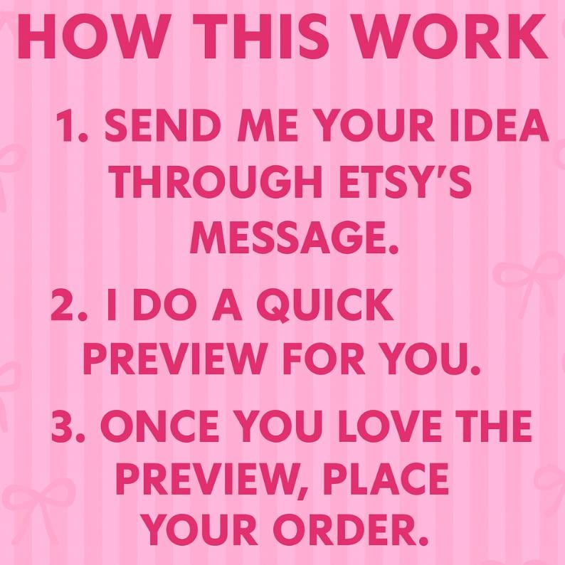 May include: Pink graphic with the text "HOW THIS WORK" followed by numbered steps. The steps include sending an idea via Etsy message, a quick preview, and placing an order after loving the preview.