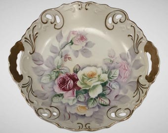 ANTIQUE Hand Painted Roses Gold Gilt Handled Dish Crossed Arrows