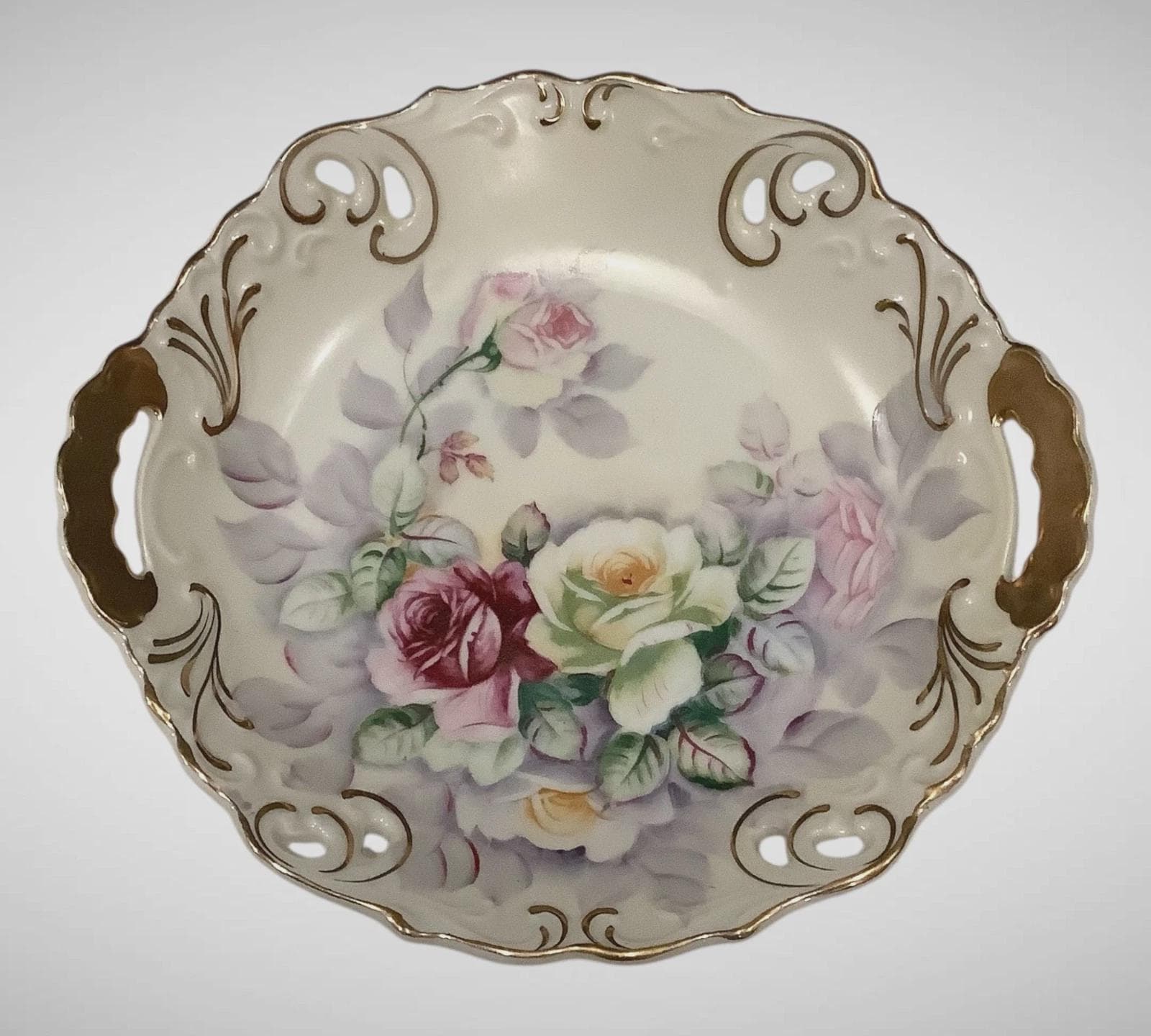 ヴィンテージ oshkosh レア 花柄 ローズ 12m ANTIQUE Hand Painted Roses Gold Gilt Handled Dish Crossed Arrows