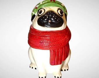 World Market Pug Cookie Jar & Winter Hat Red Scarf Ceramic Holiday Dog Treat Canister