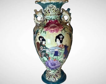 Antique Japanese Satsuma Geisha Vase - Moriage & Gilded Double Handle 12.75"