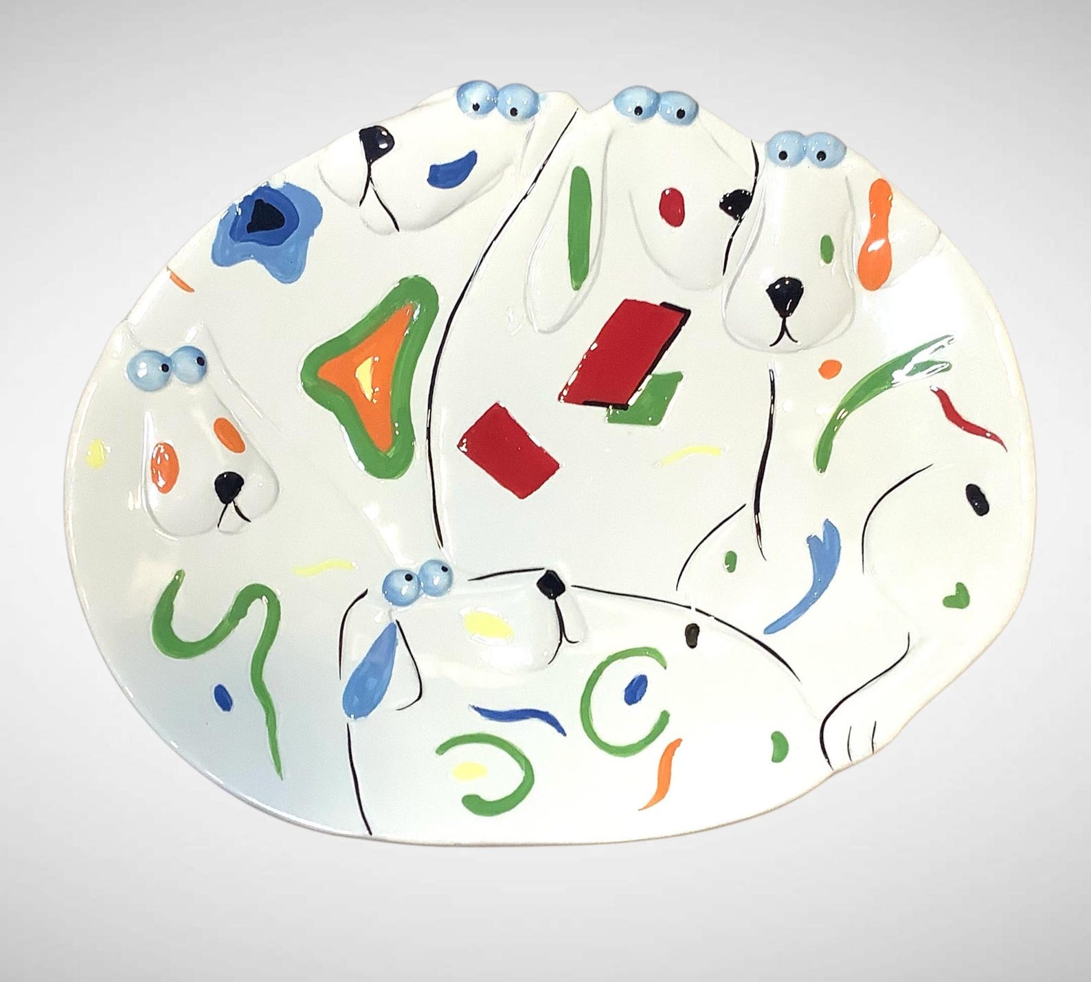 Primitive Artisan Ceramic Dog Platter Abstract Colorful Whimsical Large ...
