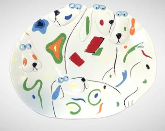 Primitive Artisan Ceramic Dog Platter Abstract Colorful Whimsical Large 14" Serving Tray