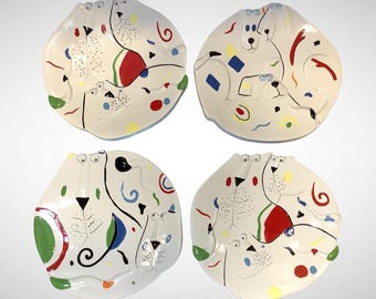 Set of 4 Primitive Artisan Ceramic Dog Plates & Abstract Modern Whimsical Art Pottery