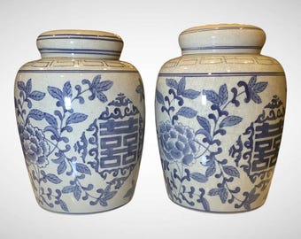 Vintage Pair Chinese Blue & White Ginger Jars, Double Happiness Peony Chinoiserie and Crackle Glaze