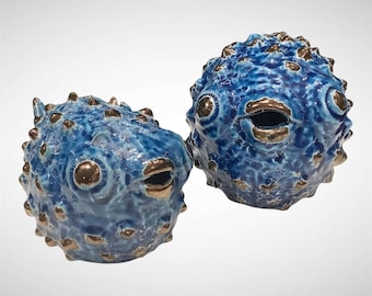 Pair of Blue Glazed Ceramic Pufferfish/Studio Pottery Decor