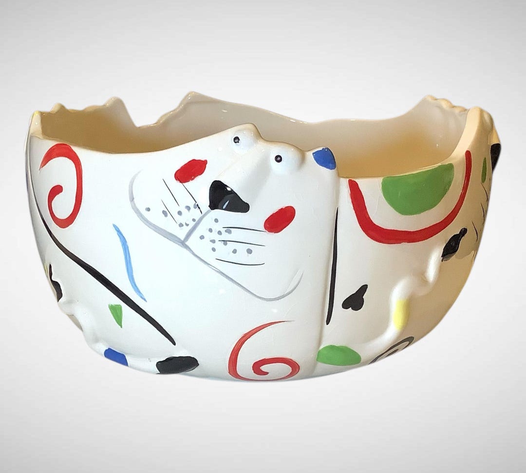 Primitive Artisan Whimsical White Ceramic Dog Bowl - Abstract Multi ...