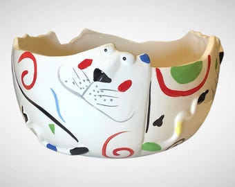 Primitive Artisan Whimsical White Ceramic Dog Bowl - Abstract Multi-Color Pet Treat Jar & Planter