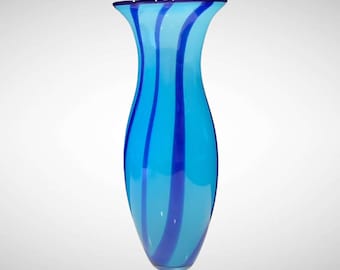 Vintage Murano Style Blue Striped Art Glass Vase 14" Hand Blown Flared