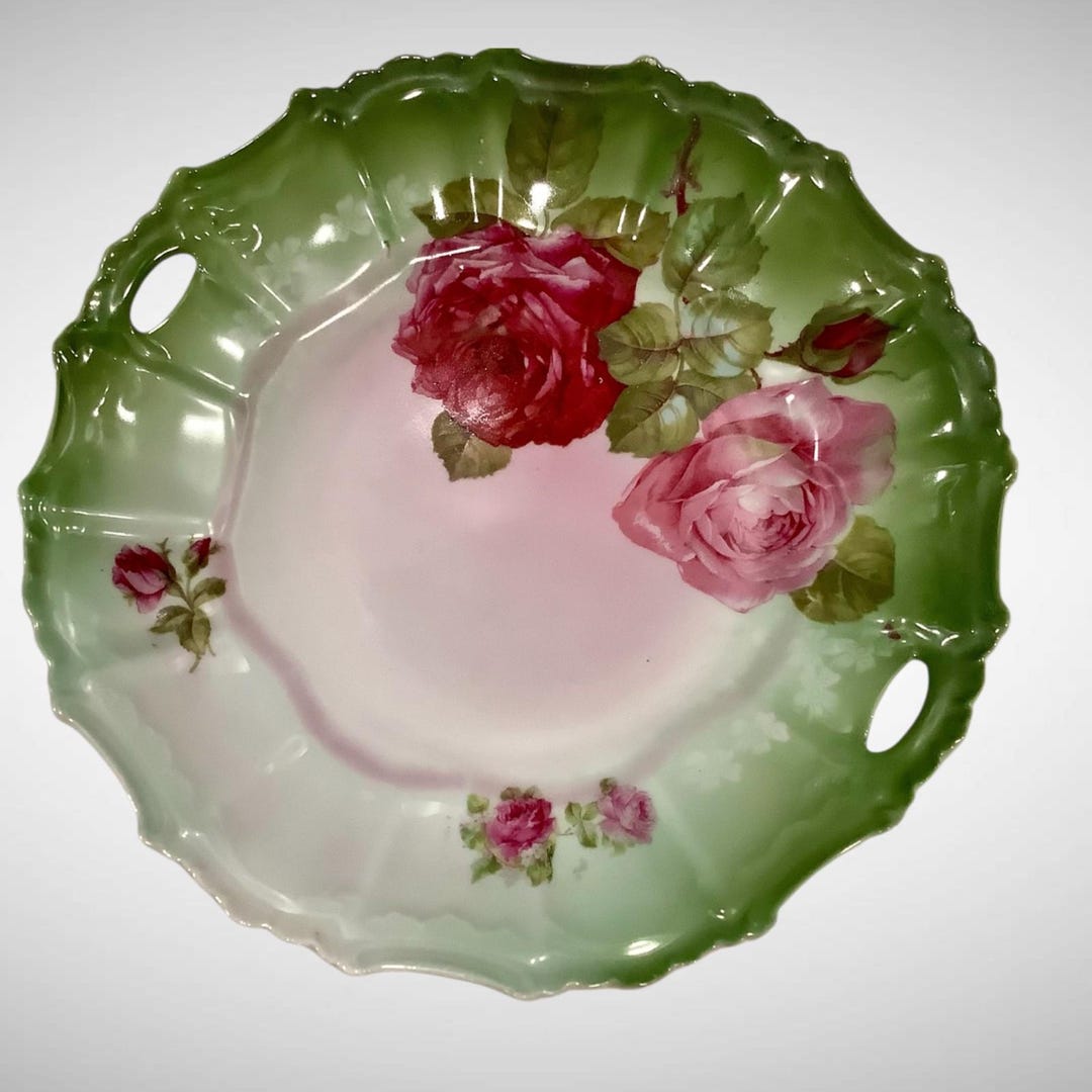 ANTIQUE Hand Painted Porcelain Serving Dish Bowl Pink Roses Green Gold ...