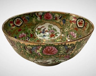 Vintage Japanese Porcelain Bowl -Rose Medallion Style with Gilded and bird motif