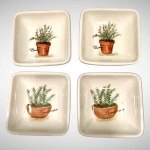 May include: Four square ceramic dishes with rounded corners. Each dish features a watercolor illustration of a potted herb. Two dishes display thyme, labeled "Cim", and two show rosemary, labeled "Rosmarino". The dishes have a cream-colored background.