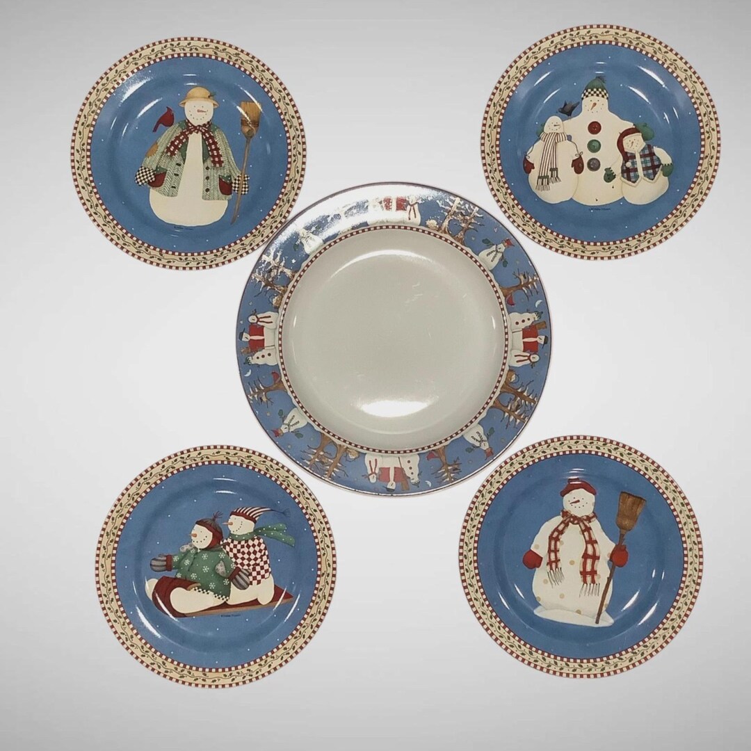 Debbie Mumm Sakura Jolly Snowmen 5pc Set: 4 Dessert Plates+1 Server - Etsy