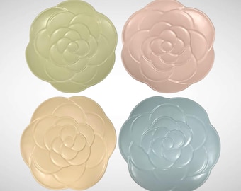 Set of 4 Pastel Flower Plates & Camellia Embossed 9” Stoneware