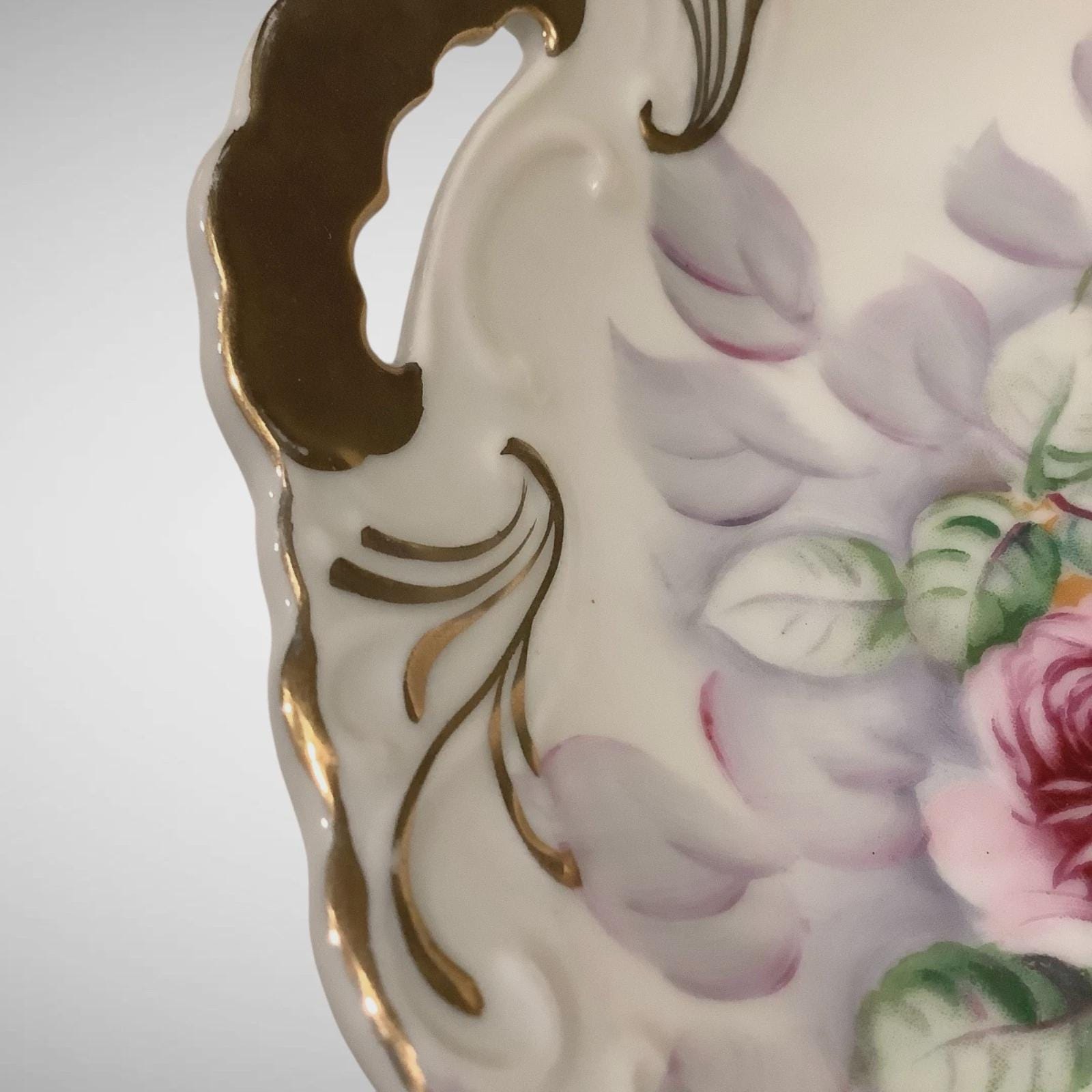 ANTIQUE Hand Painted Roses Gold Gilt Handled Dish Crossed Arrows