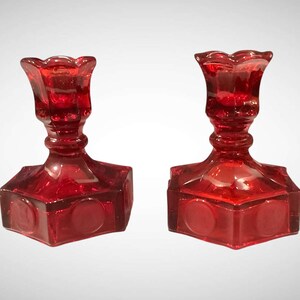 Vintage Ruby Red Glass Candlestick Holders, Hexagonal Coin Dot Pattern Taper Candle Holders Set