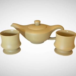 Matte Tan Ceramic Teapot & Cup Set Jerusalem Cross Pottery
