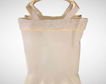 Lenox Conforti Collection Ceramic Basket Vase with Gold Trim & Speckled Handle - 8.75"H x 6"W x 3.5"