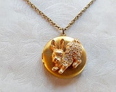 Bunny Locket, Locket Necklace, Vintage Bunny, Rhinestone Bunny, Gift for Her