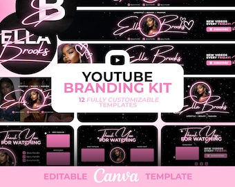 May include: A YouTube branding kit with a black and pink color scheme. The kit includes 12 customizable templates with the name "Ella Brooks" and the text "YouTube Branding Kit". The design features a woman's image and the text "New videos every Friday!"