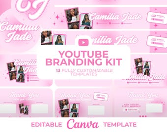 YouTube-kanals varumärkesbyggande kit | Canva DIY-videomall | YouTube-banner, vattenstämplar, animerad intro och outro | Enkel rosa mall för sociala medier