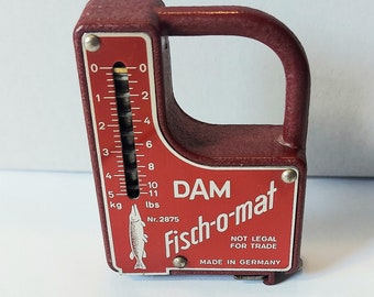 Vintage Dam Fisch-O-Mat fishing scale and tape measure no.2875 Made In Germany metallic red 1960's portable collectible gear for tackle box