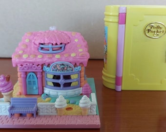 Two vintage 1990's Polly Pocket Bluebird Toys Princess Palace Storybook no figures and strawberry scented Ice Cream Parlor with one figure
