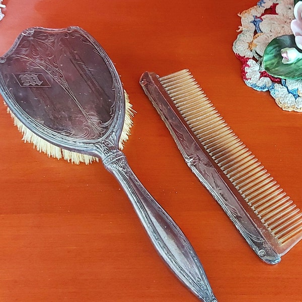 Vintage International Sterling 1940's engraved monogrammed brush and comb, M monogram, bedroom dressing table vanity, phoenix mark Meriden