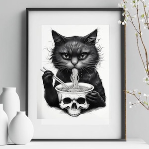 Japanese Ramen Black Cat Poster Print- cat poster, ramen poster, noodle illustration, japanese art print, skull poster, japan food poster
