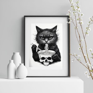 Japanese Ramen Black Cat Poster -Black Cat Poster, Ramen Poster, Skull Poster, Japanese Art Poster, Japan Food Poster, Cat Eating Ramen