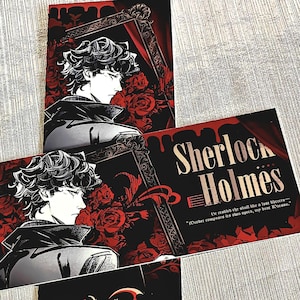 May include: Several Sherlock Holmes themed cards are displayed. The cards feature a black and red color scheme with illustrations of a man and roses. The text "Sherlock Holmes" is prominently displayed on the cards.