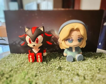 Shadow & Maria Chibi Figure: Sonic the Hedgehog Fan Art Collectible, Cute Gamer Desk Decor, Display Figure Gift