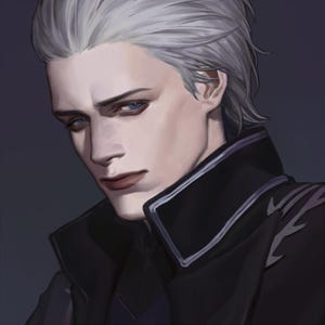 May include: A digital illustration of a person with short, swept-back silver hair and blue eyes. The individual has a pale complexion and is wearing a dark, high-collared coat with subtle silver piping along the edges and a sharp, structured neckline.