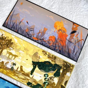 May include: Rectangular mouse mats with detailed anime-style illustrations. One mat features a character in orange and gold tones in a landscape setting. Another mat displays a green and gold robot-like figure. The mats have black borders.