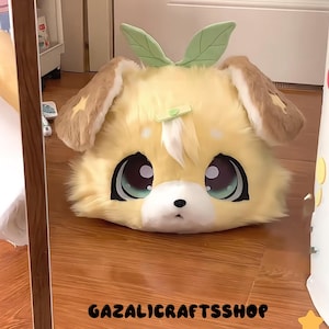 Lemon Pup Fursuit Head – Handmade Kemono Dog Mask with Leaf Accent, Green Eyes Cosplay Costume
