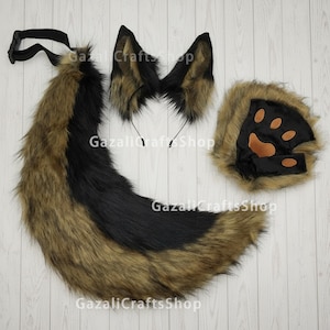 Black Wolf Dog Ear Tail Paw Set – Husky Dog Cosplay Costume, Handmade Faux Fur Adjustable Wire Tail, Kemonomimi Animal Roleplay