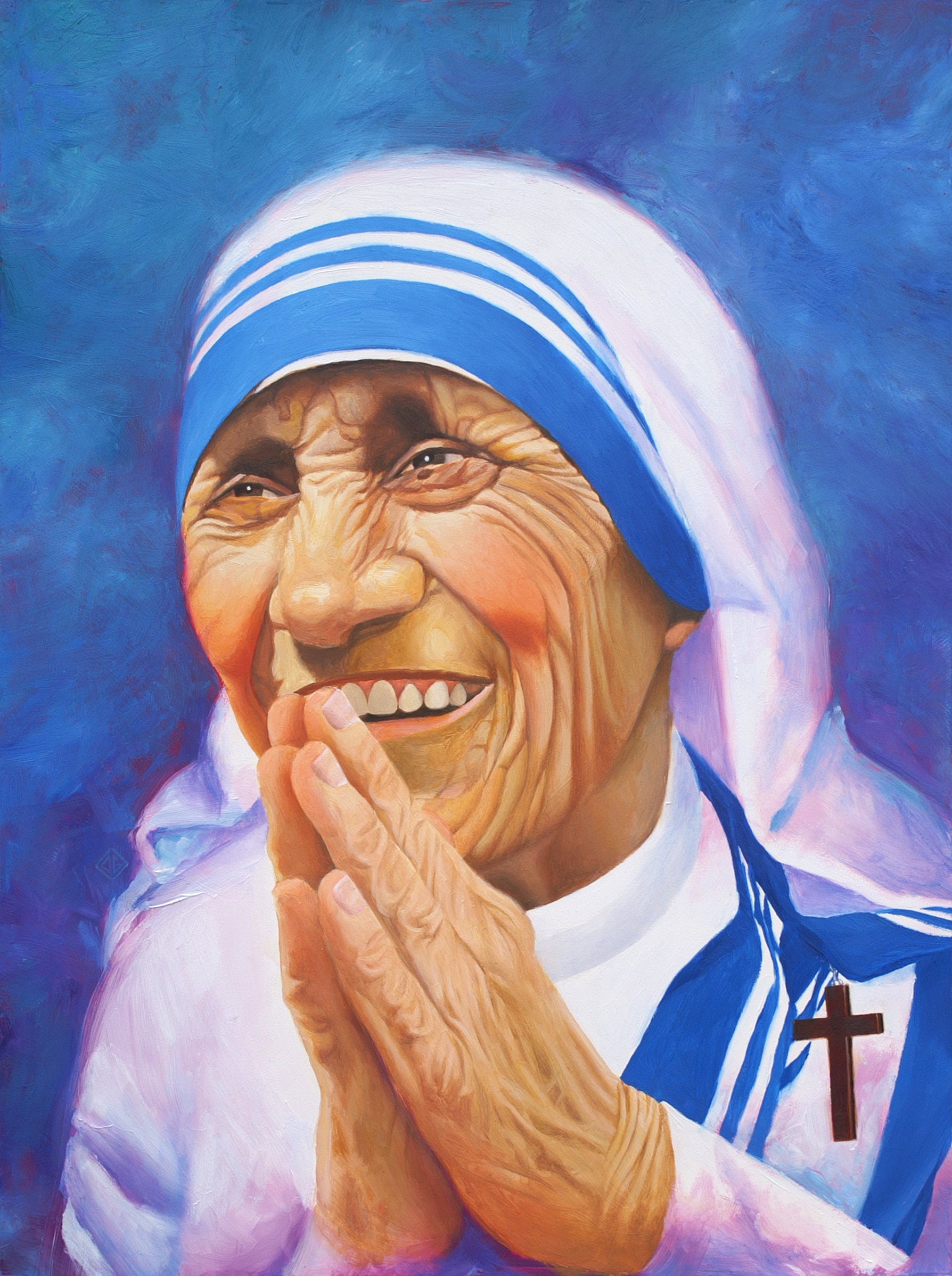 Mother Teresa Original Oil Painting Portrait on Board. Blue