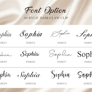 May include: Image displaying 12 font choices for an acrylic hair claw clip, each presenting the name "Sophia" in diverse, stylish fonts. The text "Font Option" and "Acrylic Hair Claw Clip" are also visible.